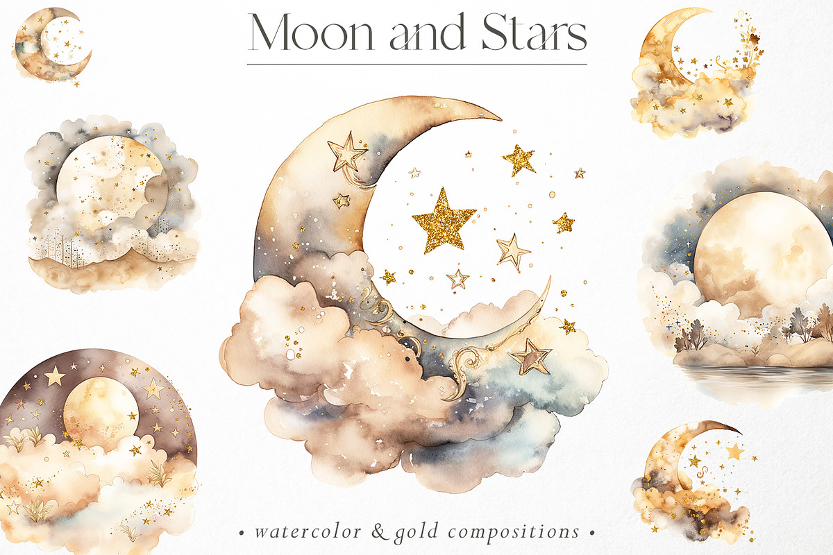 Watercolor moon & golden stars PNG, an Object Graphic by PixelJungle (Photo 1 of 3)