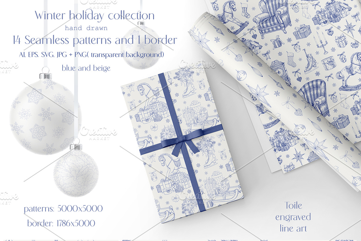 Christmas patterns Vol.2 Toile blue, a Pattern Graphic by ON_lineart_store (Photo 4 of 10)