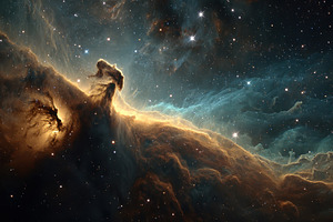 Cosmic Nebula Golden Hues Starry Sky, a Photo by Pixeness Studio