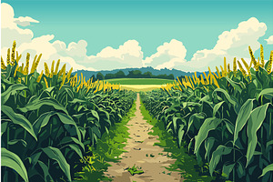 Corn fields background. Path between, an Illustration by Valerie Bodnar