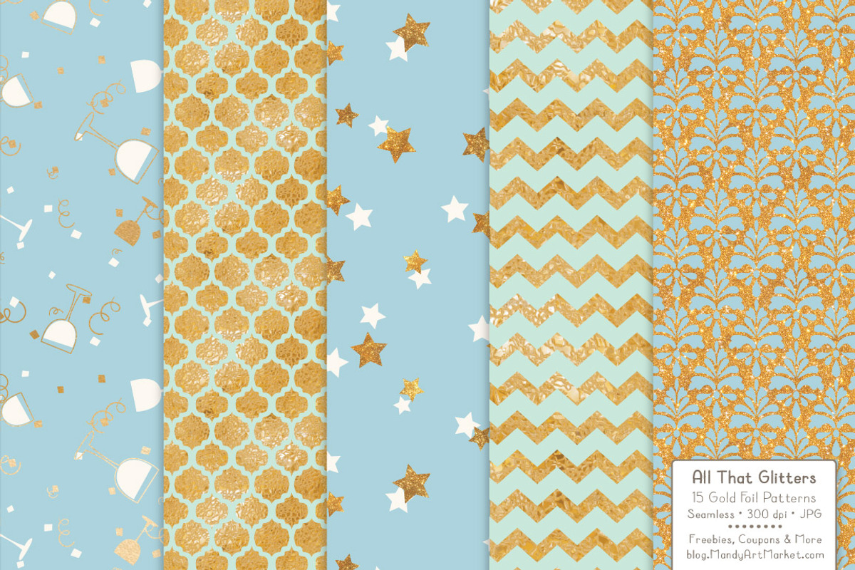 Blue & Mint Gold Foil Digital Papers, a Pattern Graphic by Amanda Ilkov (Photo 4 of 4)