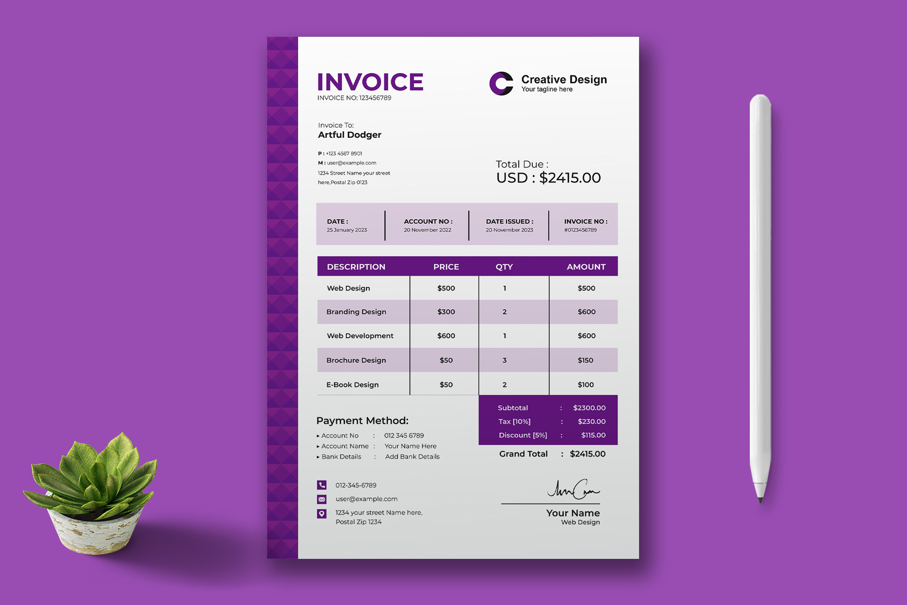 Pink Color Invoice Design Layout