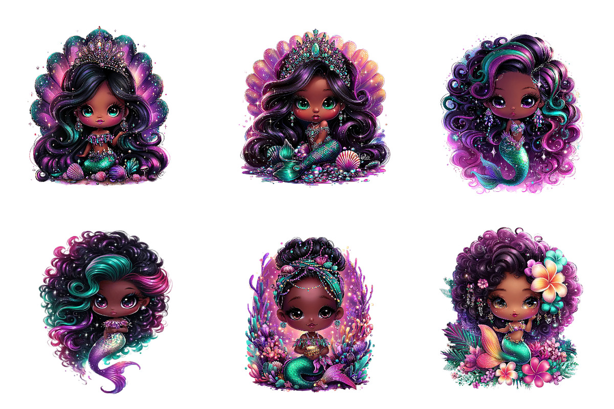 Whimsical Cute Black Mermaid Clipart, an Illustration by CreationArt (Photo 2 of 7)