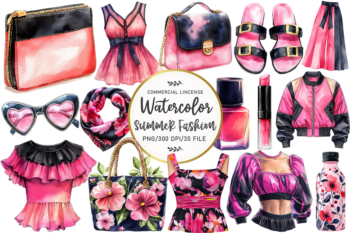 Watercolor Summer Fashion Clipart, an Illustration by OK Design (Photo 1 of 5)