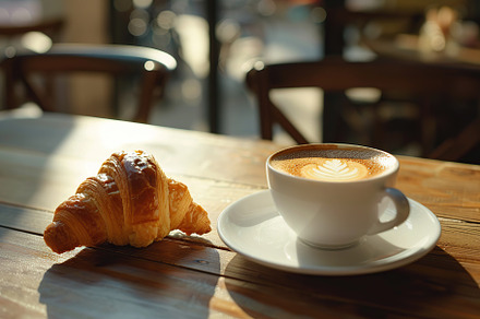 Cup of coffee and croissant on table in cafe with sunlights, a Food & Drink Photo by AlyaAnd