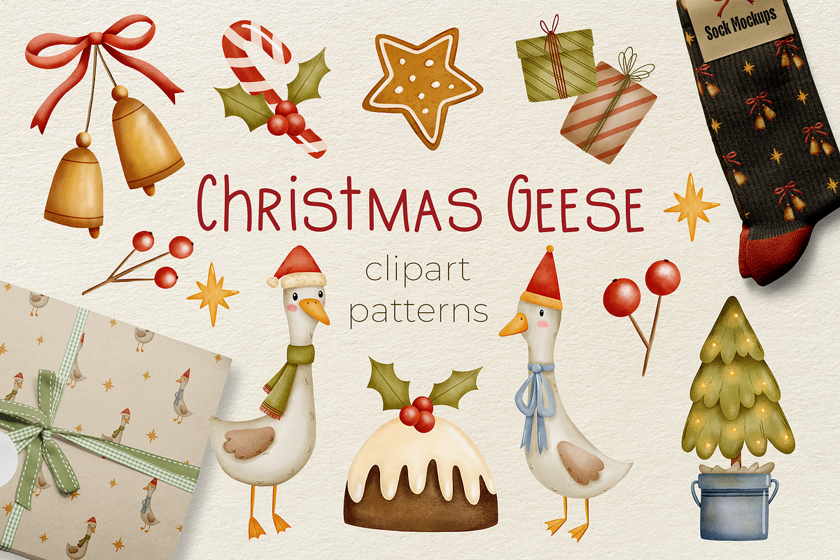 Christmas Geese - Clipart&Patterns, a Seasonal Illustration by Yevsikova_illustrations (Photo 1 of 11)