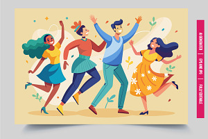 Four friends dancing at party, an Illustration by Tanuart
