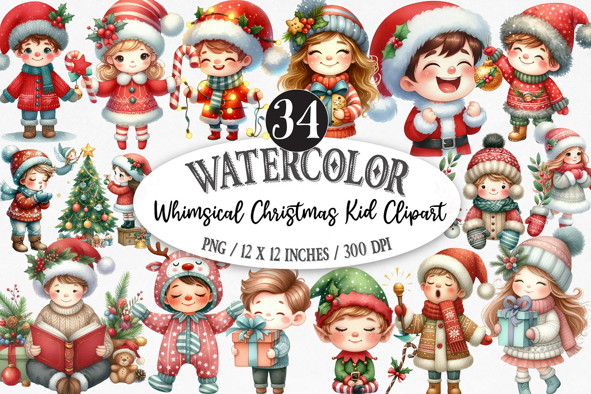 Whimsical Christmas Kid Clipart, an Illustration by Designking (Photo 1 of 5)