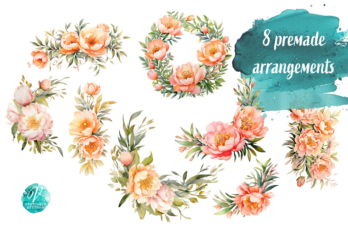 Watercolor Peach Peonies, an Object Illustration by Verdigris Studios (Photo 2 of 4)