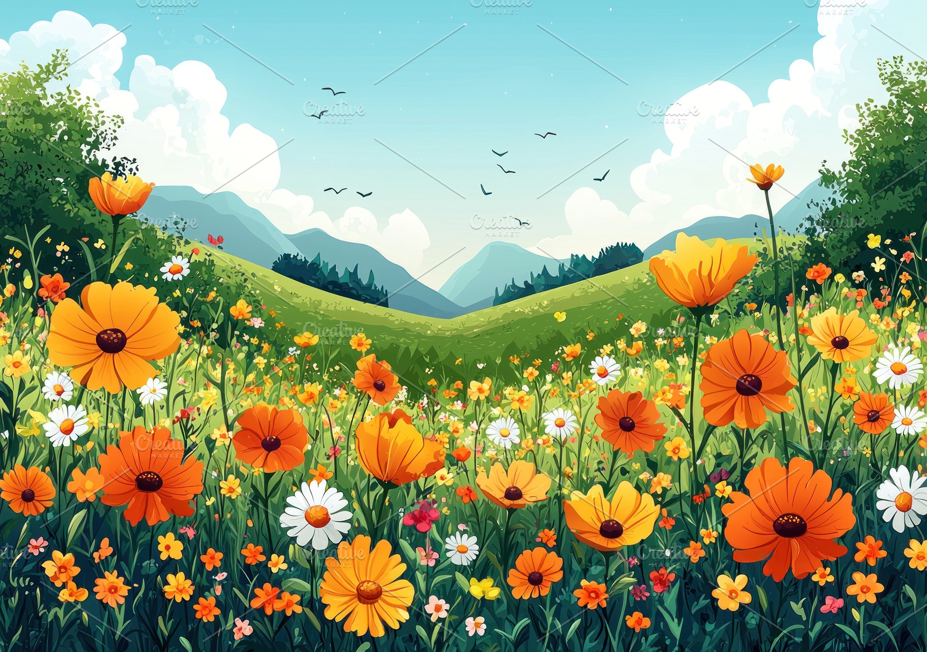 Colorful wildflower meadow with red, yellow, pink, white, and or, a Person Photo by José Manuel Gelpi