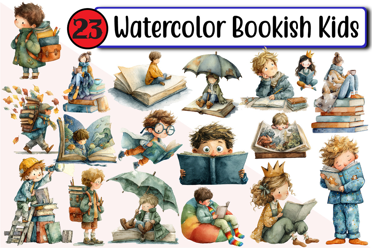 Watercolor Bookish Kids, an Illustration by Design Market (Photo 1 of 3)