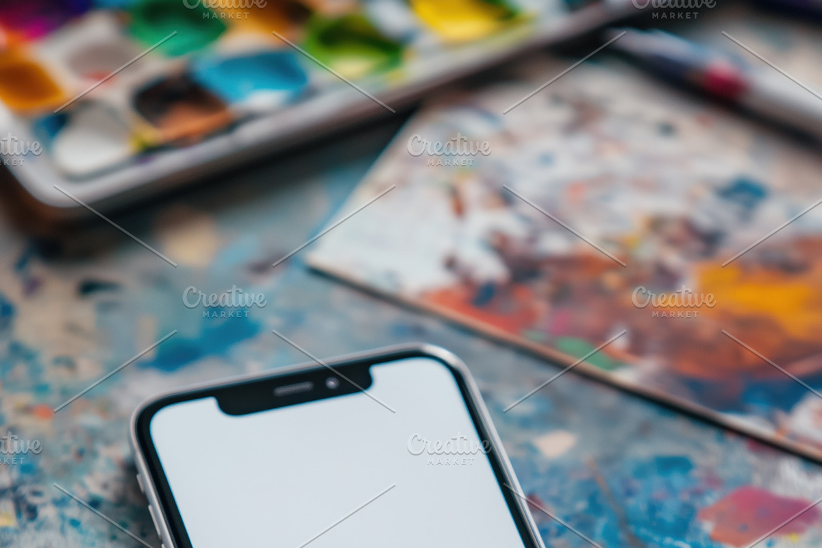 A smartphone iPhone mockup with a blank screen placed on a colorful, paint-spla, an iPhone Mockup by Textures & Backgrounds