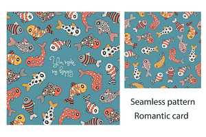 Cartoon fish. Pattern and card.