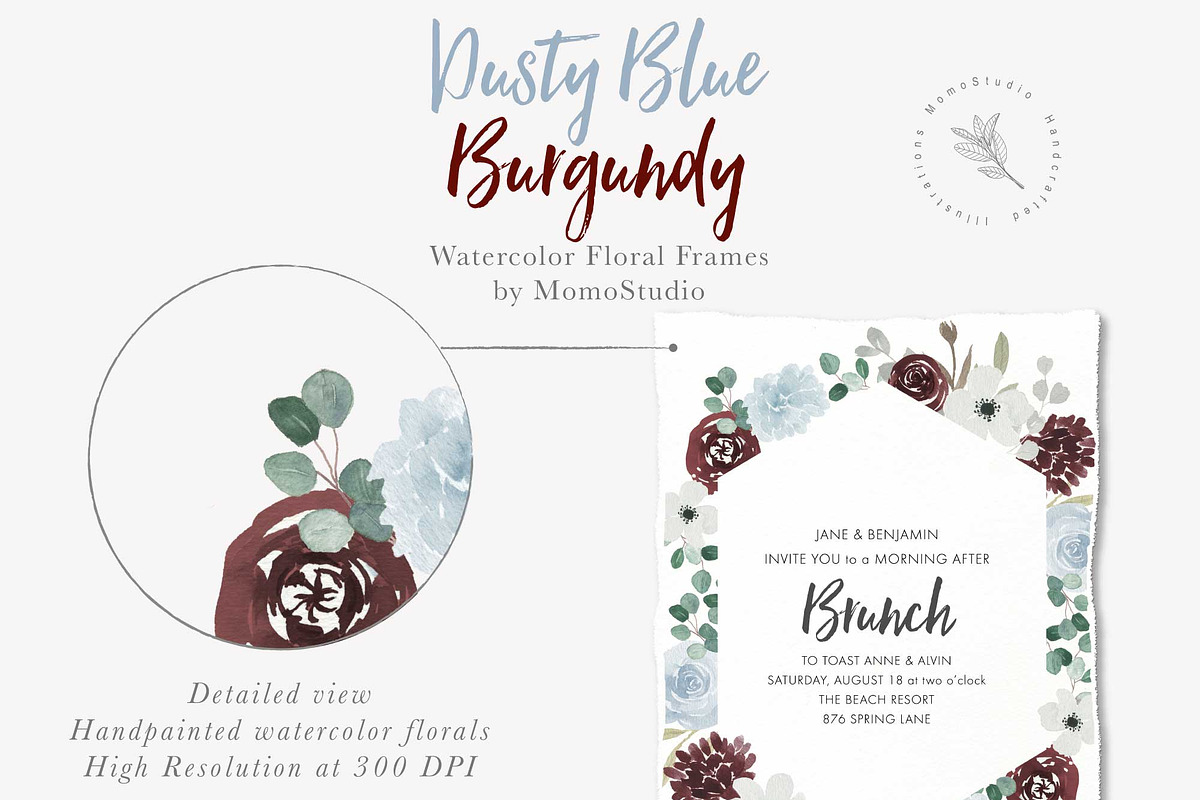 Dusty Blue and Burgundy Florals, a Work Illustration by Momo Studio (Photo 8 of 12)