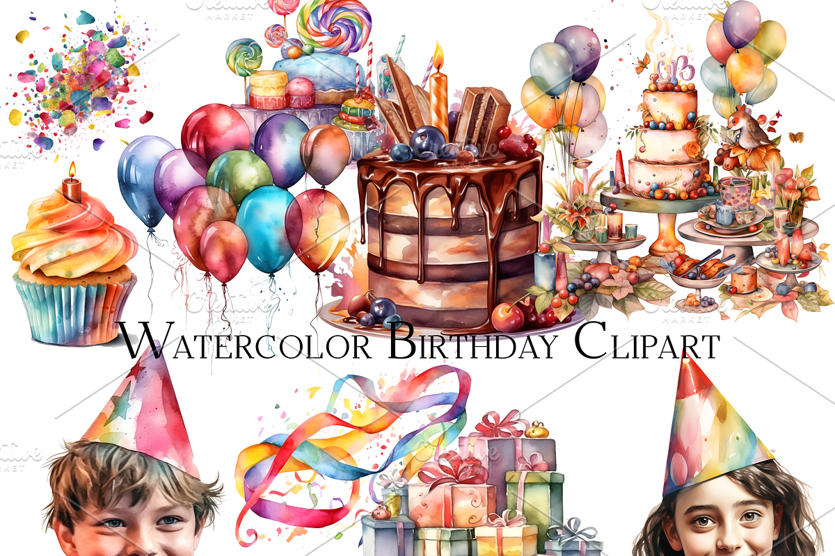 Watercolor Birthday Party Clipart, an Object Graphic by ArtisticTimberStudio (Photo 1 of 2)