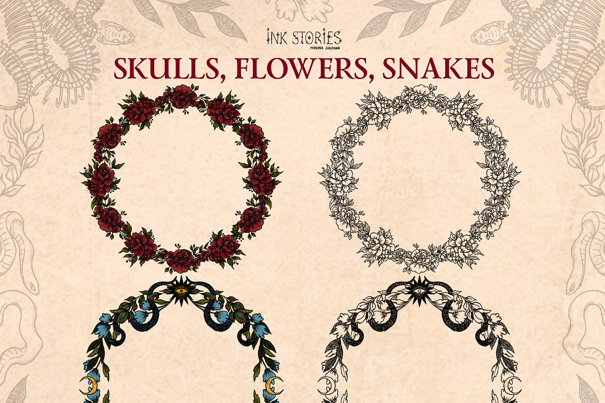 Skulls, Flowers and Snakes | Vintage, a Decorative Illustration by Ink Stories (Photo 10 of 12)