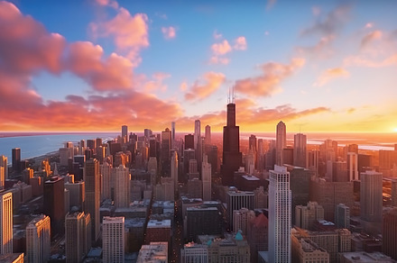 Aerial view of Chicago skyline at sunset, Illinois, USA. Generat, an Architecture Photo by AS photostudio