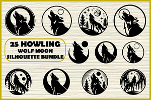 25 Howling Wolf Moon Silhouette Set, an Animal Illustration by Artivon