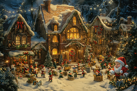 Festive winter village scene with Sa, a Photo by Tanuart