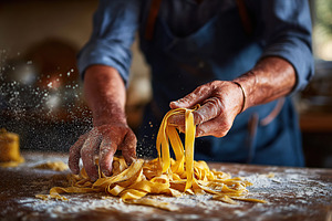 Fettuccine pasta being hand-rolled and cut in a rustic kitchen setting, a Food & Drink Photo by AlyaAnd