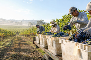 Grape harvesting workers in vineyard, a Photo by Dvoevnore photos