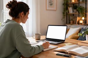 Woman studies in a cozy room, a Photo by Beautiful things