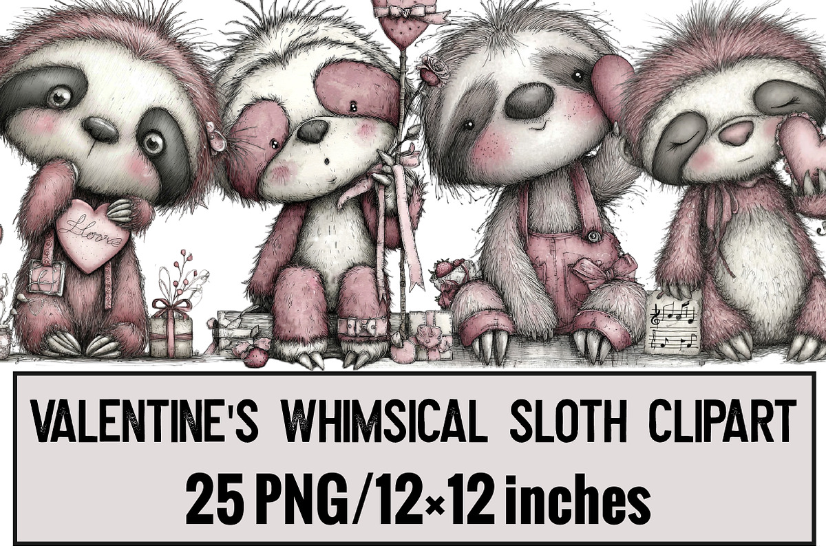 Valentine's Whimsical Sloth Clipart, an Illustration by Design Market (Photo 1 of 3)