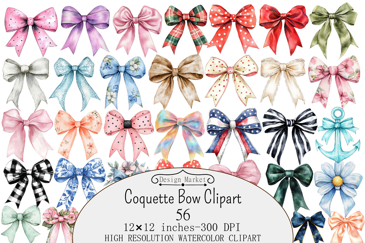 Watercolor Coquette Bow Clipart, a Seasonal Illustration by Design Market (Photo 1 of 5)
