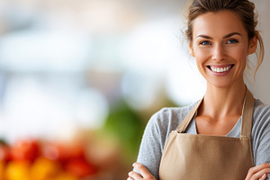 Smiling woman in apron standing, a Person Photo by MistyDay