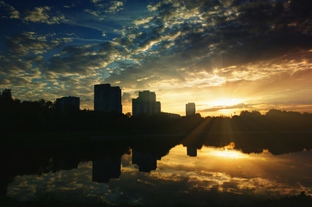 Dramatic sunset on city park river landscape backdrop, a Nature Photo by RETROWAVE '88