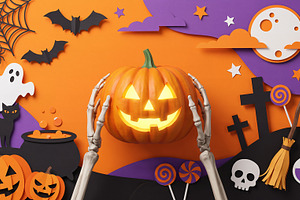skeleton holding Halloween pumpkin