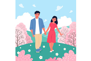 Romantic couple spring walk, an Illustration by YummyBuum