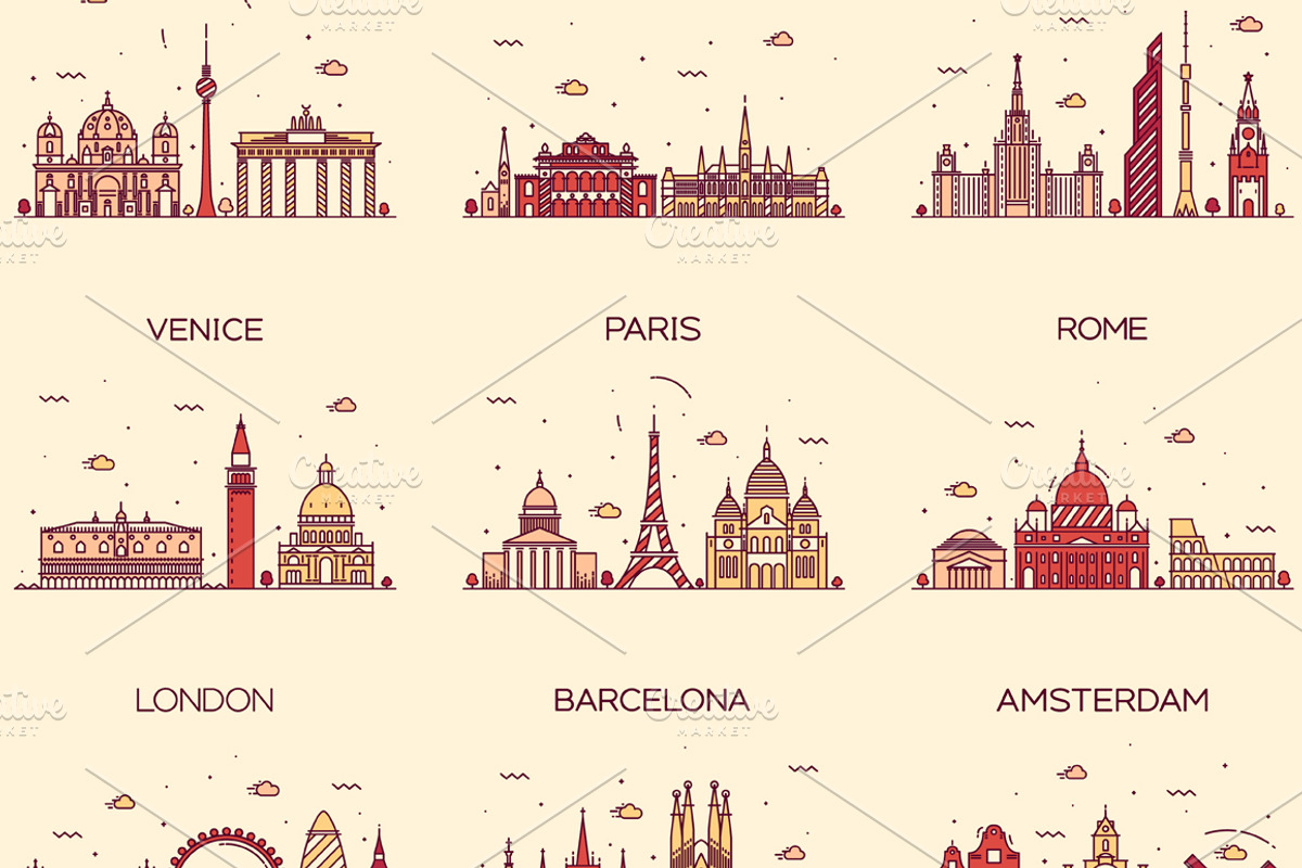 Set of 9 Europe cities skylines, an Illustration by TheMountBirdStudio (Photo 1 of 2)
