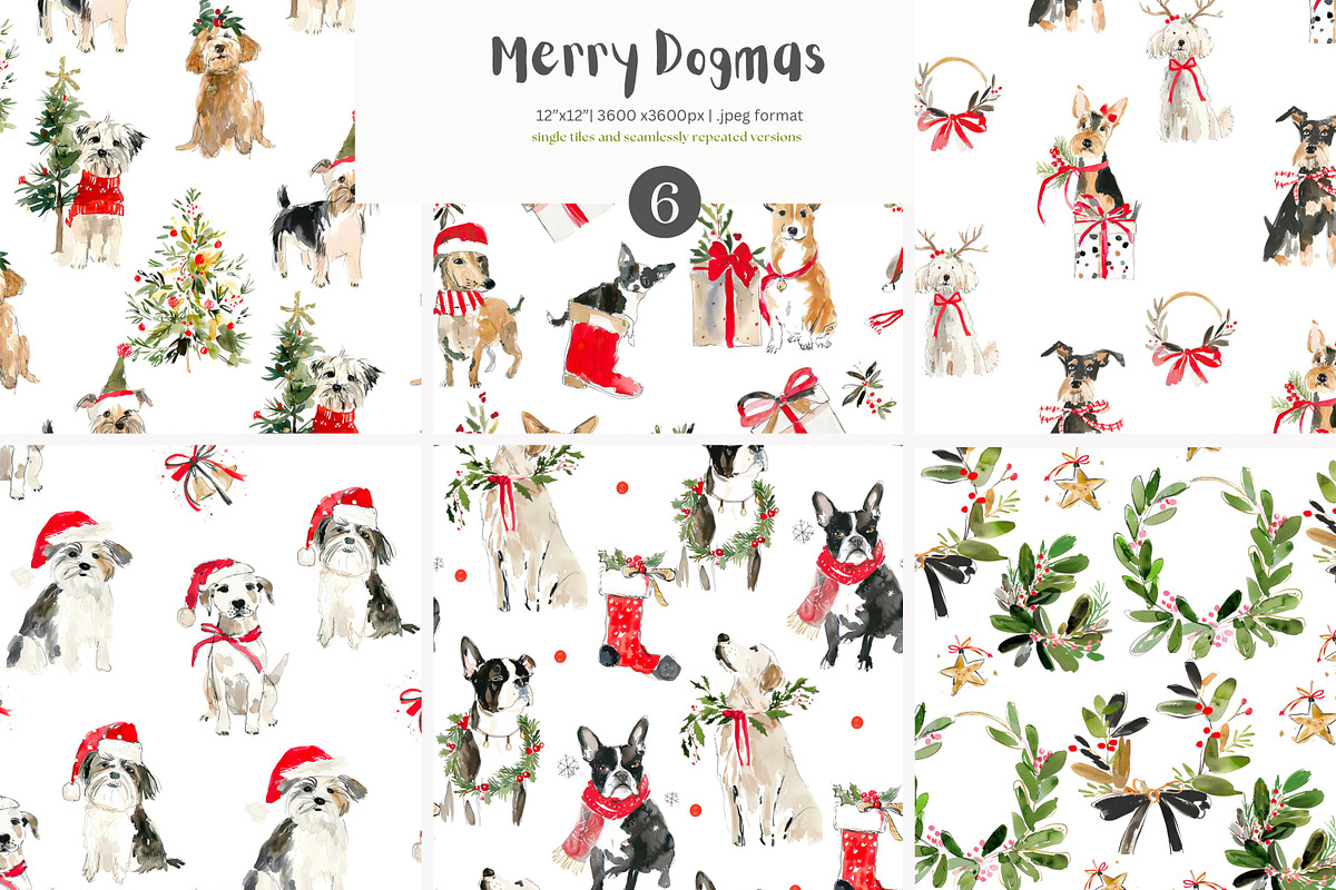 watercolor Christmas dogs patterns, a Pattern Graphic by Patishop Art (Photo 1 of 9)