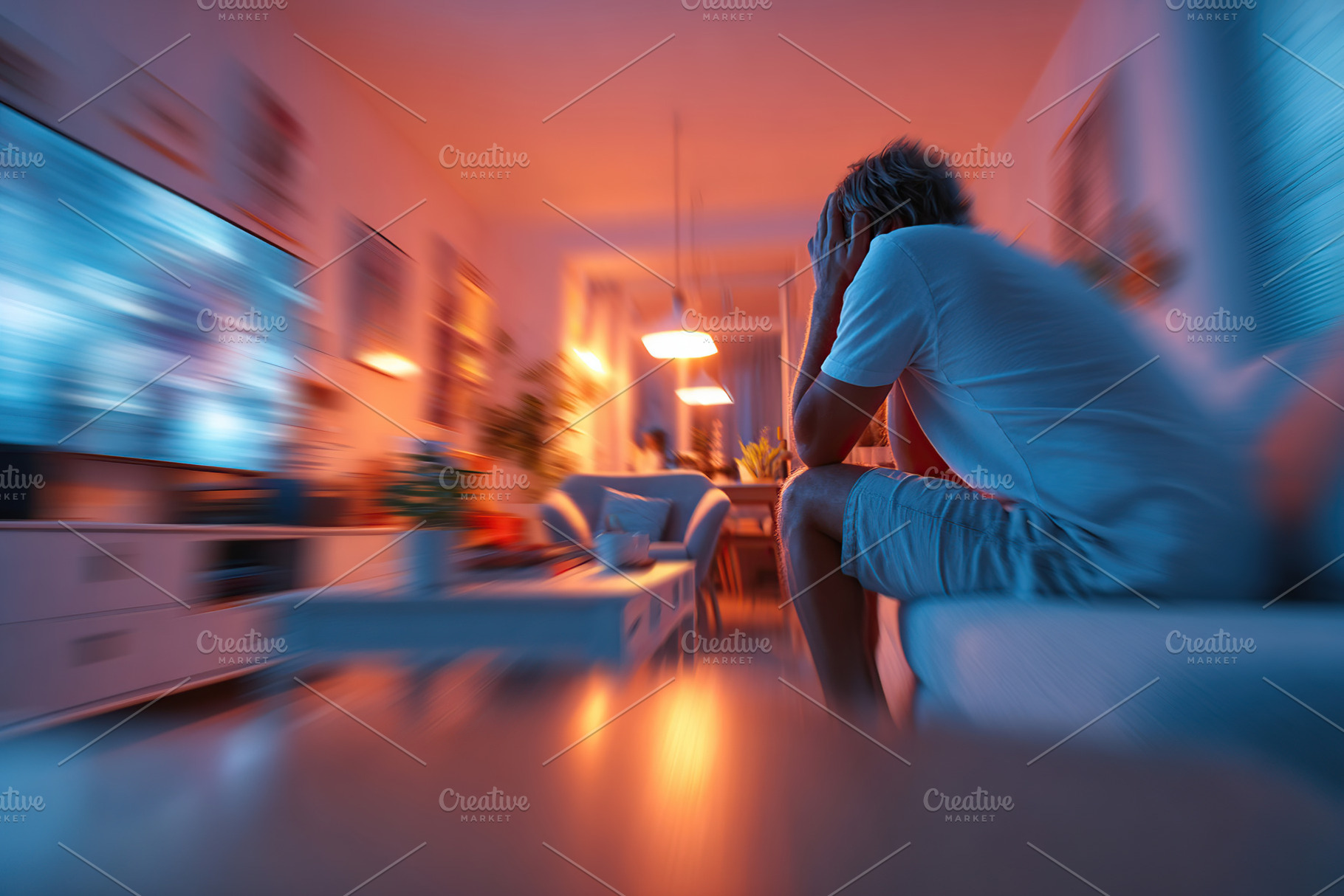 Person experiencing emotional distress in a dimly lit living room during the ev, a Photo by AlyaAnd