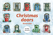 Watercolor Christmas doors PNG, a Seasonal Illustration by dashtik (Thumbnail 1 of 7)