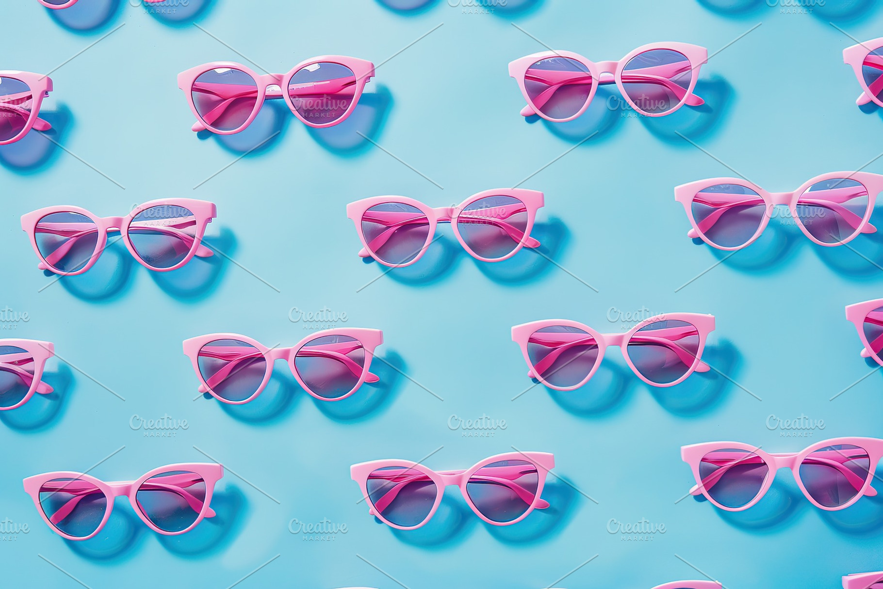 Pattern of pink sunglasses on blue background, a Photo by AlyaAnd