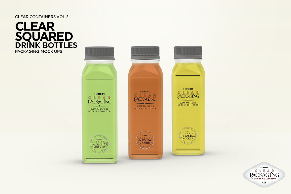 Clear Squared Bottles Mockup, a Packaging Mockup by INCDesign (Photo 4 of 8)
