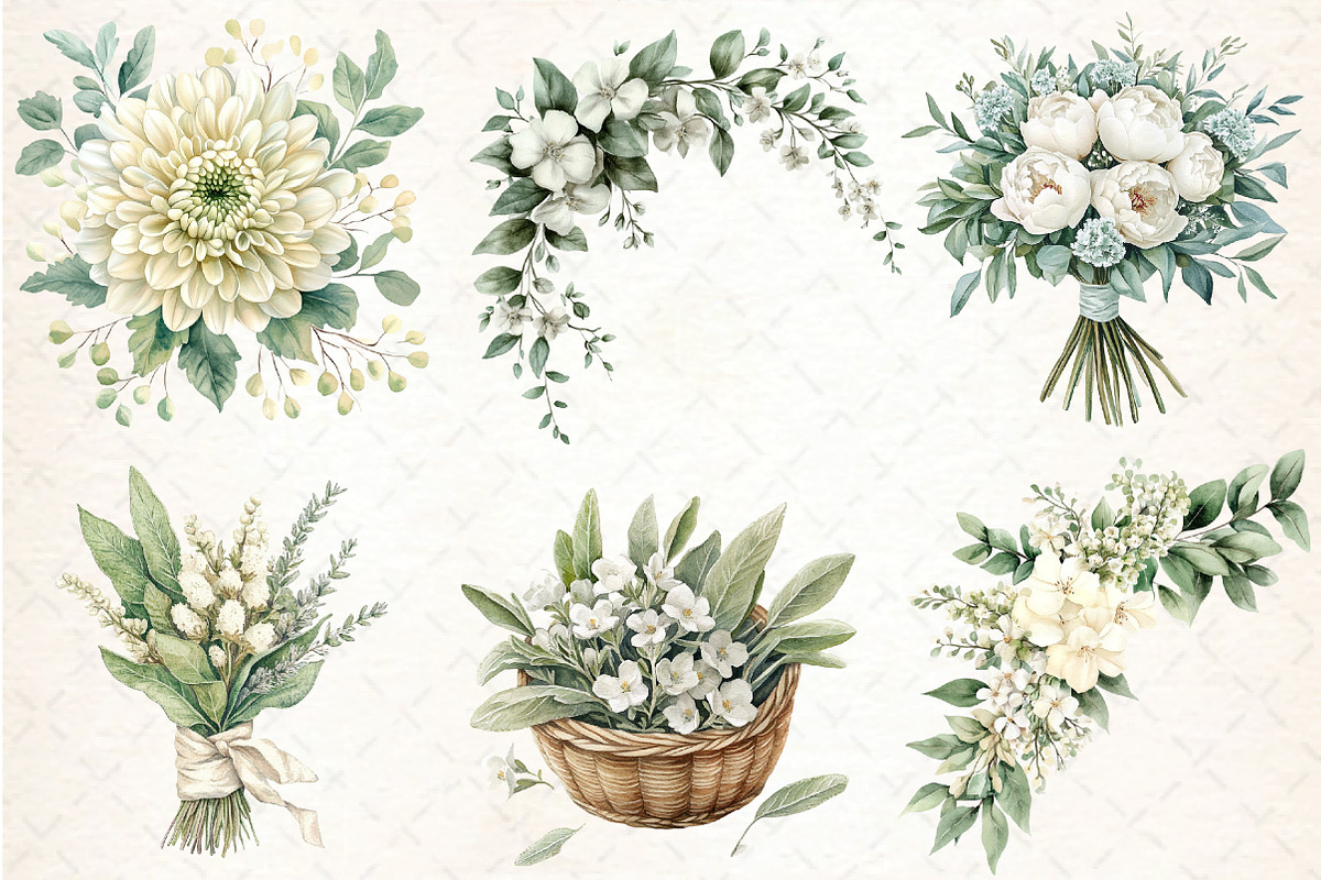 Sage Green and Ivory Flowers Clipart, an Illustration by DreamCafeArt (Photo 4 of 8)