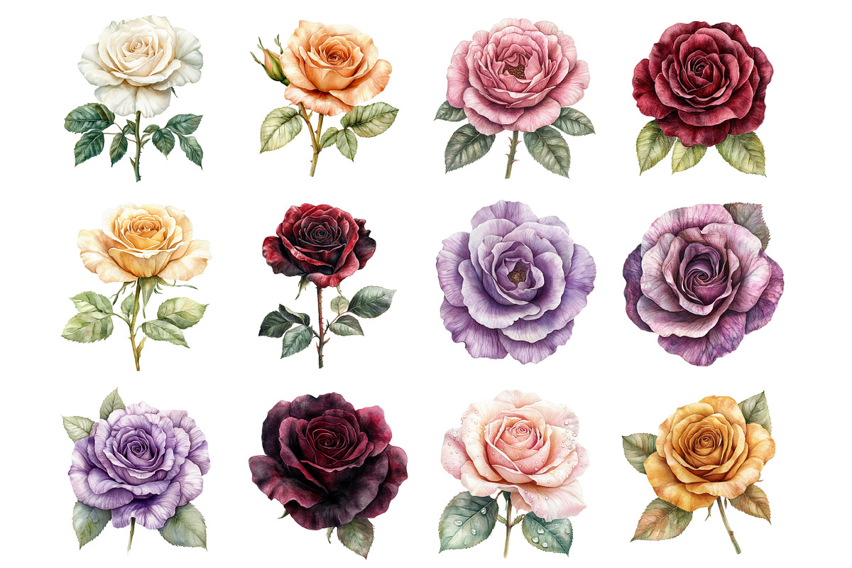 Watercolor Rose Clipart, a Seasonal Illustration by Design Market
