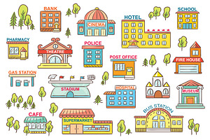 Cartoon City Buildings With Signs