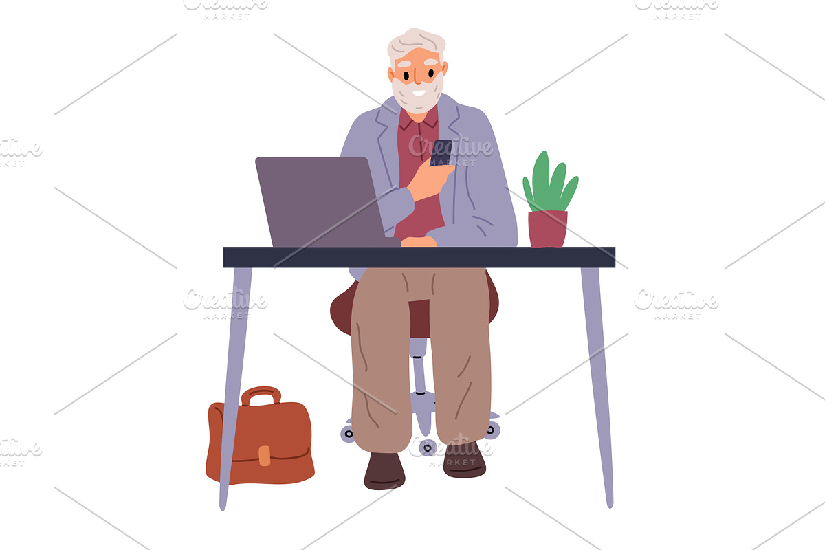 Elderly man works at computer table, a Person Illustration by Vectorbuum