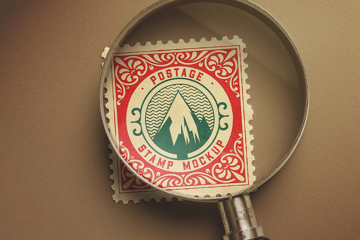 Postage Stamp Under Magnifying Glass, an Advertising Mockup by Custom Scene (Photo 3 of 11)