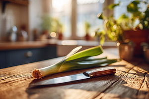 Chopping leeks with a knife on a wooden kitchen countertop in bright natural li, a Food & Drink Photo by AlyaAnd