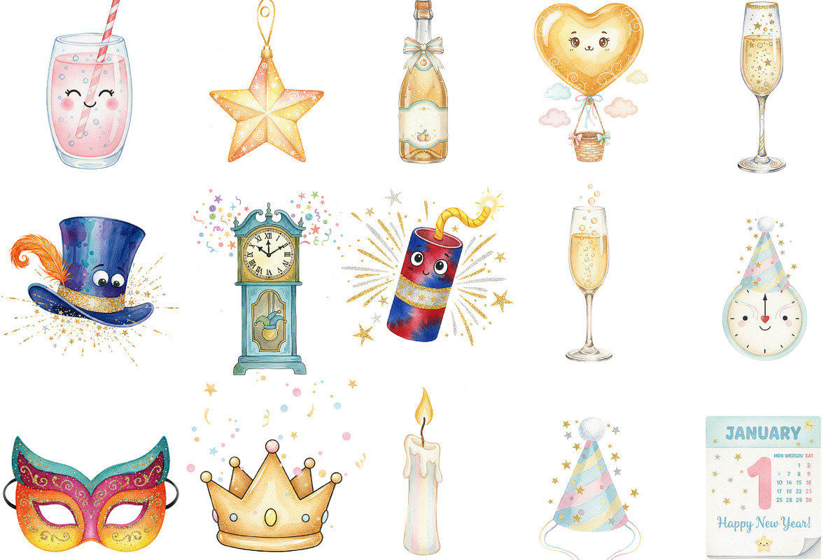 Watercolor Cute New Year Clipart, an Illustration by Designking (Photo 3 of 5)