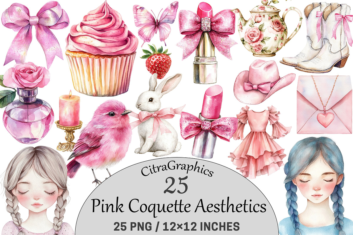 Watercolor Pink Coquette Aesthetics, a Seasonal Illustration by CitraGraphics (Photo 1 of 6)
