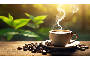A steaming cup of coffee on a wooden, a Background Photo by Igor Tichonow