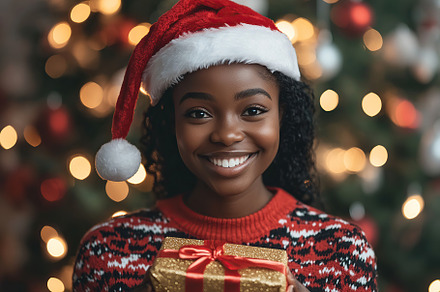 Cute young american woman in christmas sweater and santa hat holding in hands g, a Holiday Photo by AlyaAnd