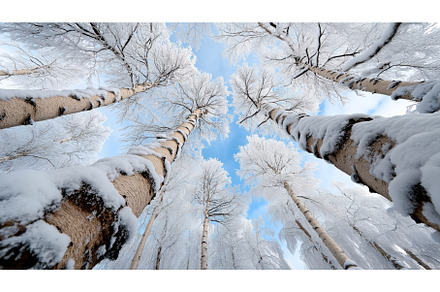 Upward view of snow-covered birch, a Nature Photo by Sergey Kotenev