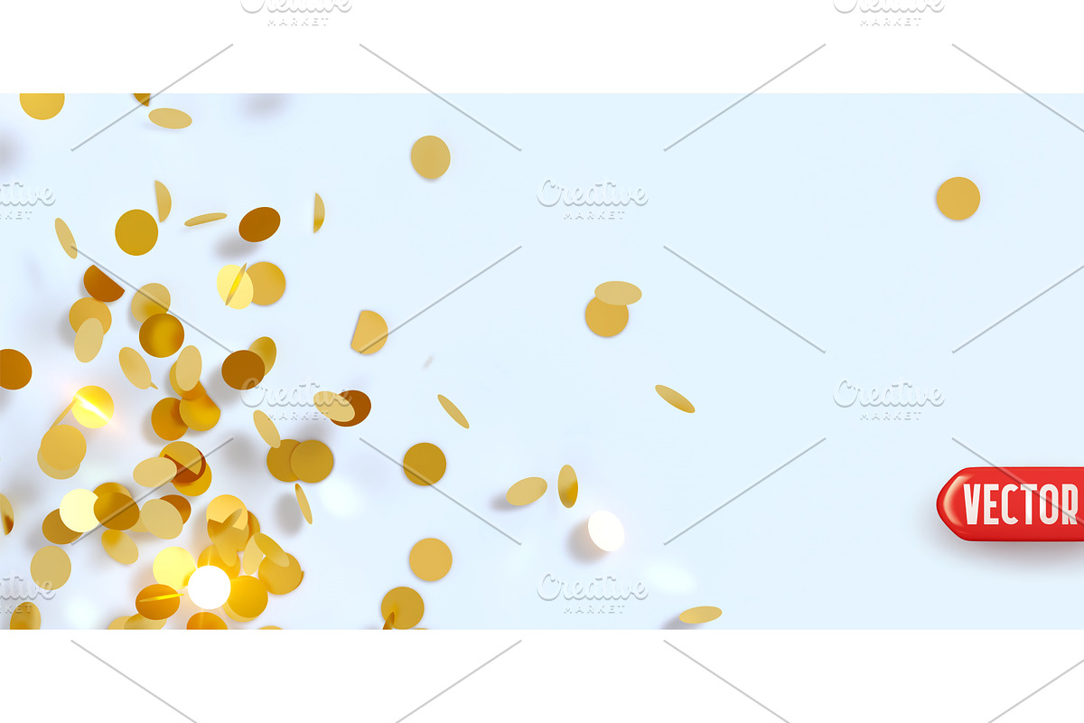 Golden confetti falling on light, an Illustration by Modern vector